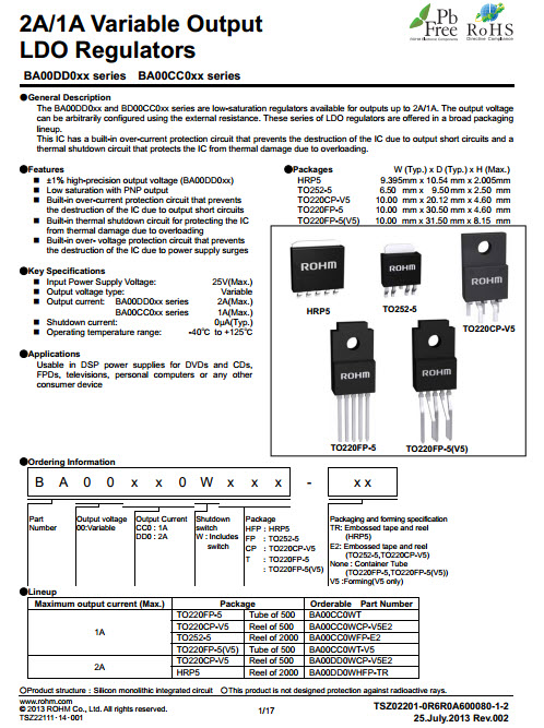 00CC0W, BA00CC0w 5 Pin Variable Output 1A LDO Regulator ICs