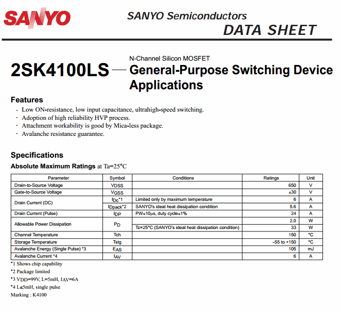 2SK4100 N-Channel mosfet switching 600V 6A/24A