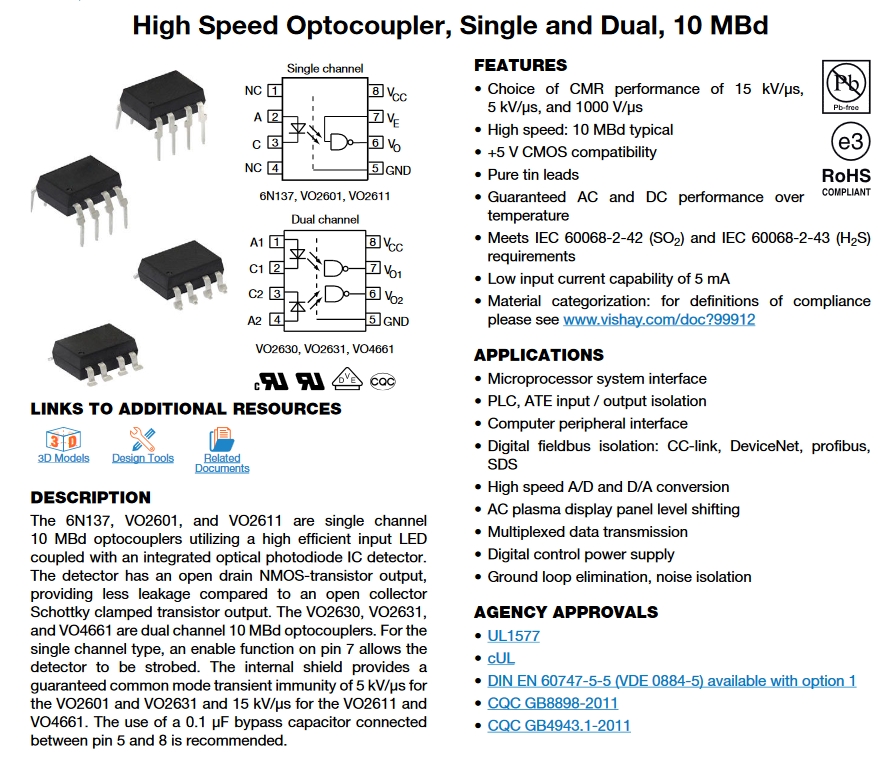 6N137 High speed optocoupler 1 channel
