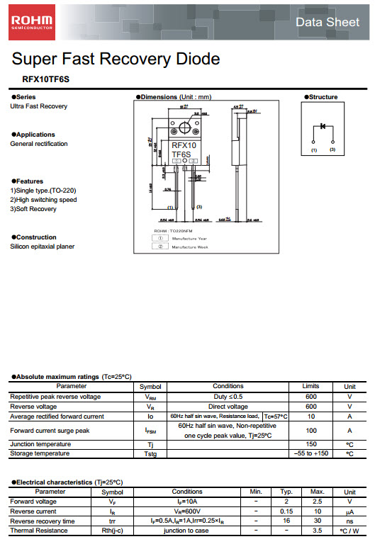 RXF10TF6S.jpg RXF10TF6S Ultra Fast Recovery Diode 600V 10A