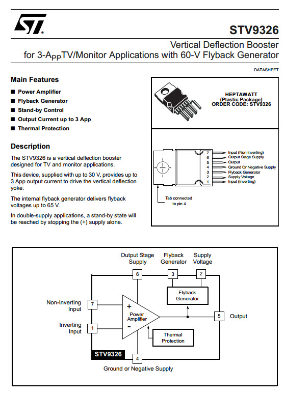 STV9326 Vertical Deflection Booster for 3-A PPTV/Monitor Applications with 60-V Flyback Generator